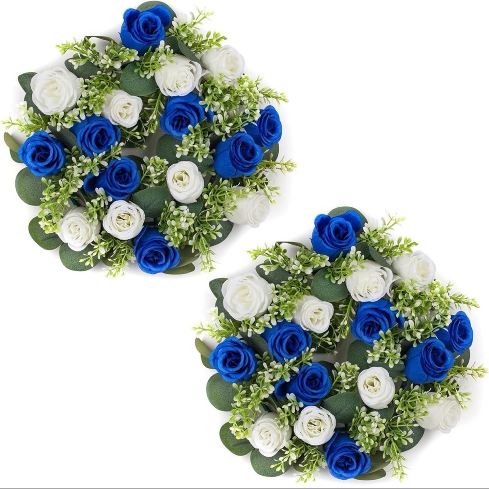 NUPTIO Artificial Flowers Candle Rings: 2 Pcs‎ 14 inch Diam Large Royal Blue & W
